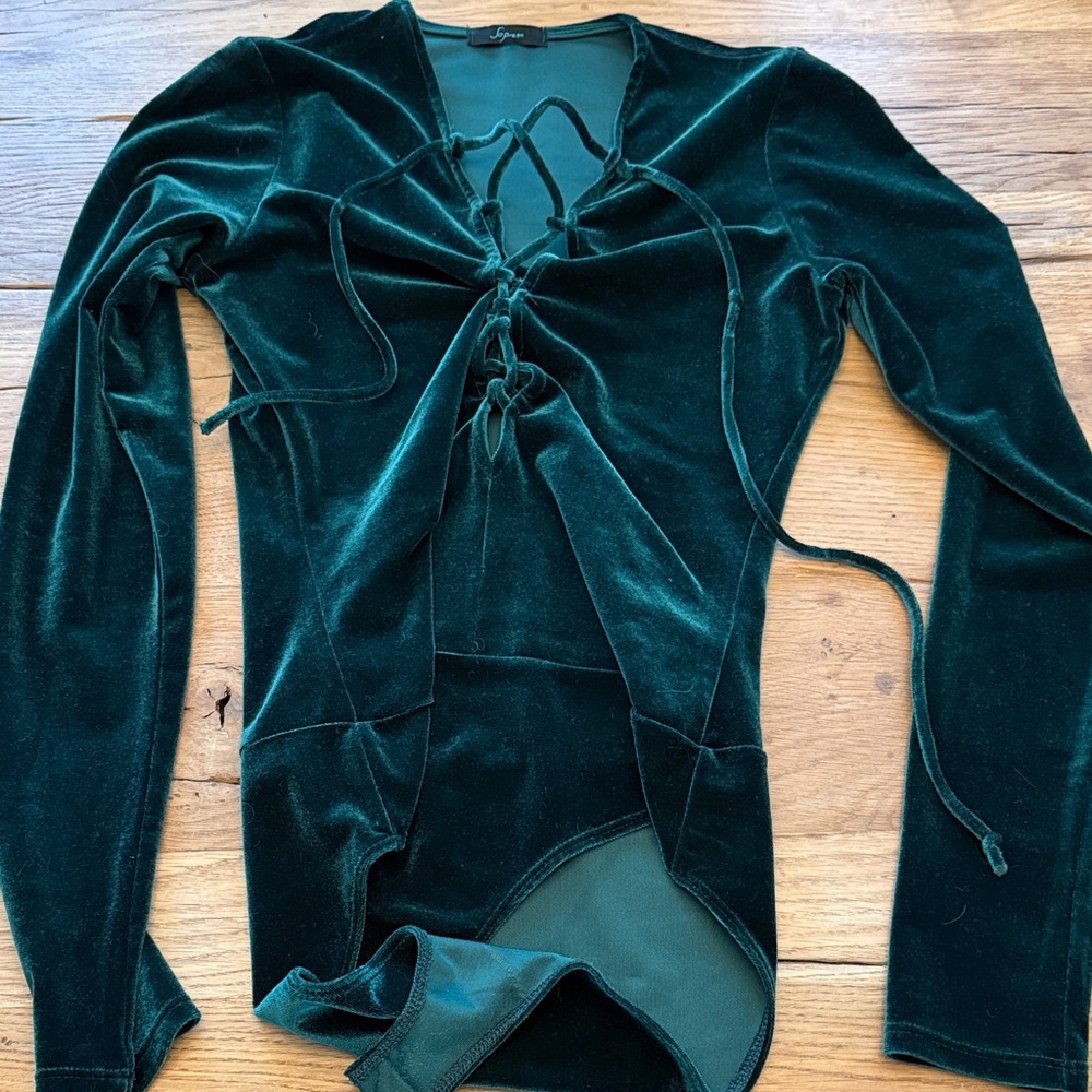 Green Velvet Long Sleeve Bodysuit